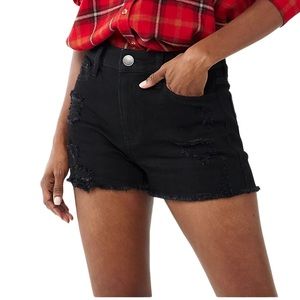 Juniors' SO High-Rise Curvy Shortie Lightly Distressed Denim Shorts in Black
